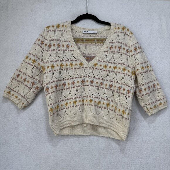 ZARA Sweater Womens Large Cream V Neck Pointelle Cropped 3/4 Sleeve Floral - Picture 1 of 6